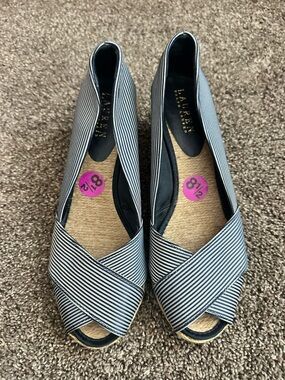 Lauren Ralph Lauren Striped Wedge Espadrilles Peep Toe Flats Size 8.5 Like New